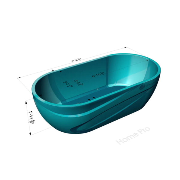 Measured cutaway drawing of the Dreampod Home Float Pro Sensory Tank listing length, height and interior floor widths