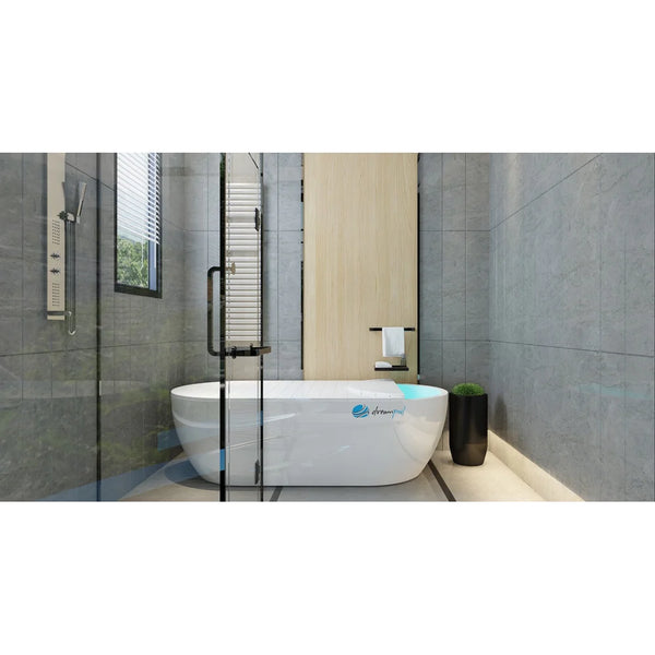 Bathroom render with the Dreampod Home Float Pro Flotation Tank next to a glass shower, cover partly open on blue water