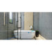 Bathroom render with the Dreampod Home Float Pro Flotation Tank next to a glass shower, cover partly open on blue water