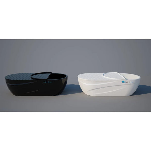 Gloss black and gloss white Dreampod Home Float Pro pods side by side on a plain studio backdrop with hatches open