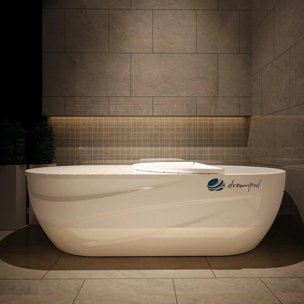 Side view render of the Dreampod Home Float Pro Flotation Tank with slatted cover closed and round hatch panel raised
