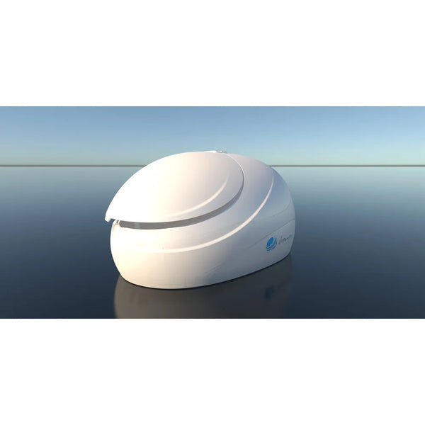 Studio render of the Dreampod Sport Float Pod on a plain background with the lid tilted slightly open