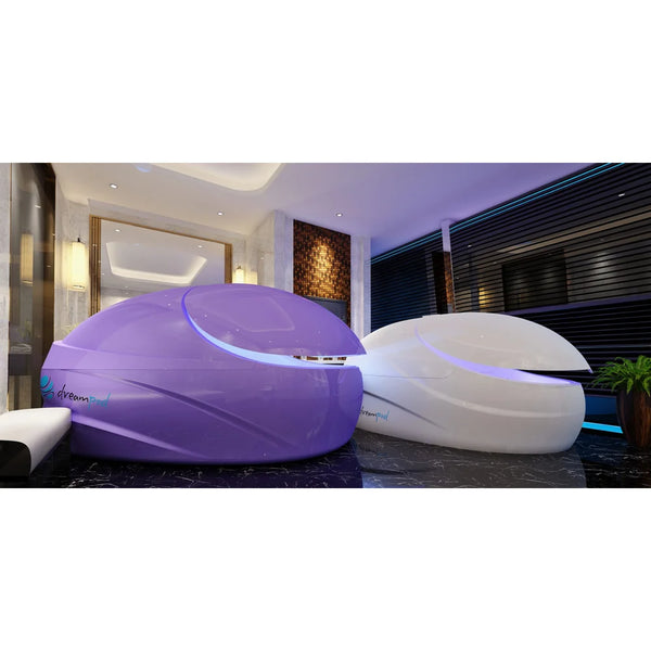 Purple and white pods with lilac lit door seams on black marble flooring, two Dreampod Vmax Float Pod colour finishes