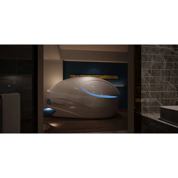 Pearl white pod with open curved lid and blue rim light seen through a doorway, Dreampod Vmax Float Tank in a dark suite