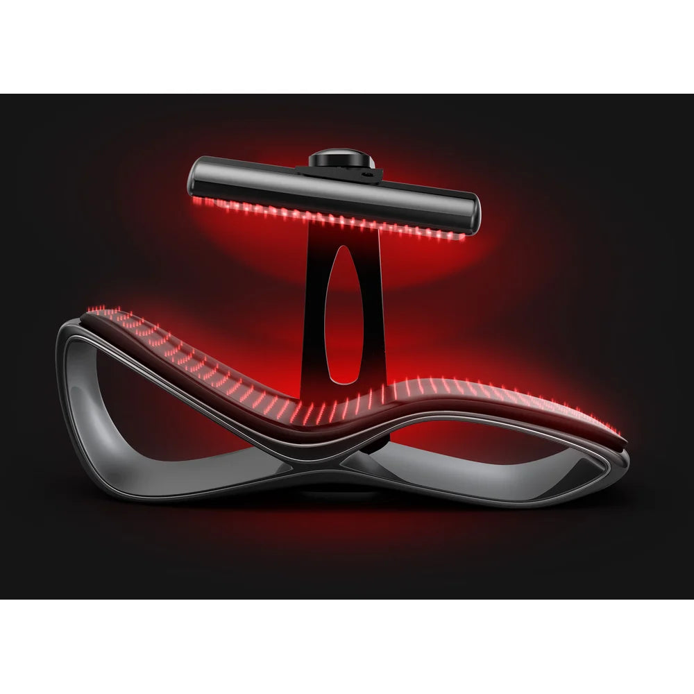 Render of light beams from the mattress and overhead lamp of the Vacu Activ Red Couch 360 Full Body Light Therapy system