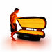 Man in shorts lifting the raised canopy of the RevitalCore Elevate M7 as both glowing LED panels illuminate