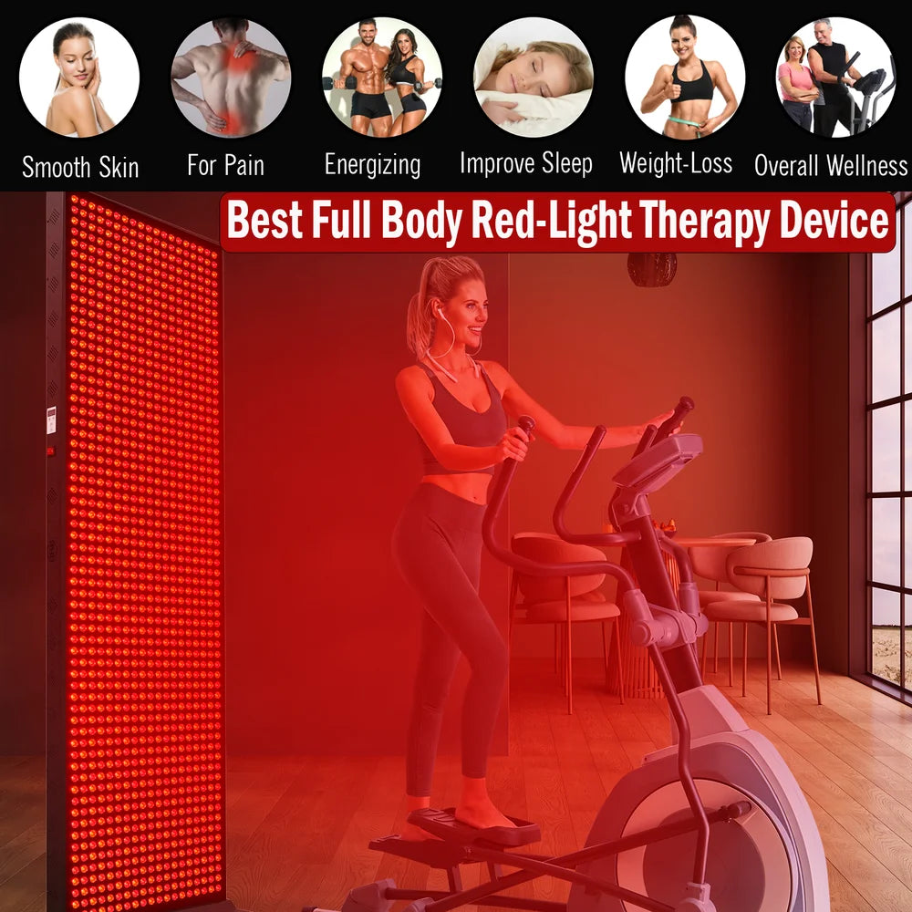 Woman on an elliptical trainer beside the glowing JKG Industries LLC 1216 Full Body Light Therapy Device at home