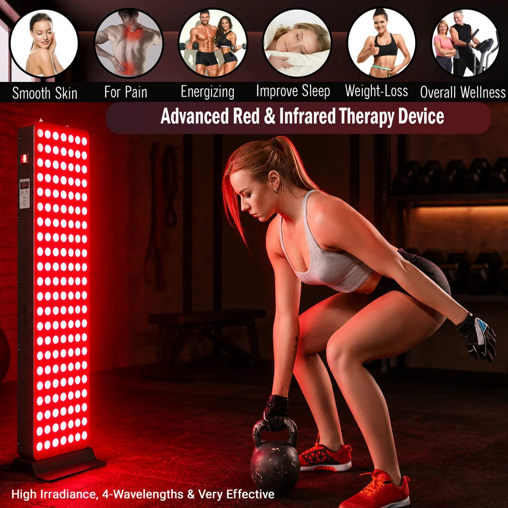 Gym workout beside the EXESAS 200 LED Full Body Red Light Therapy Device with wellness benefit icons overhead