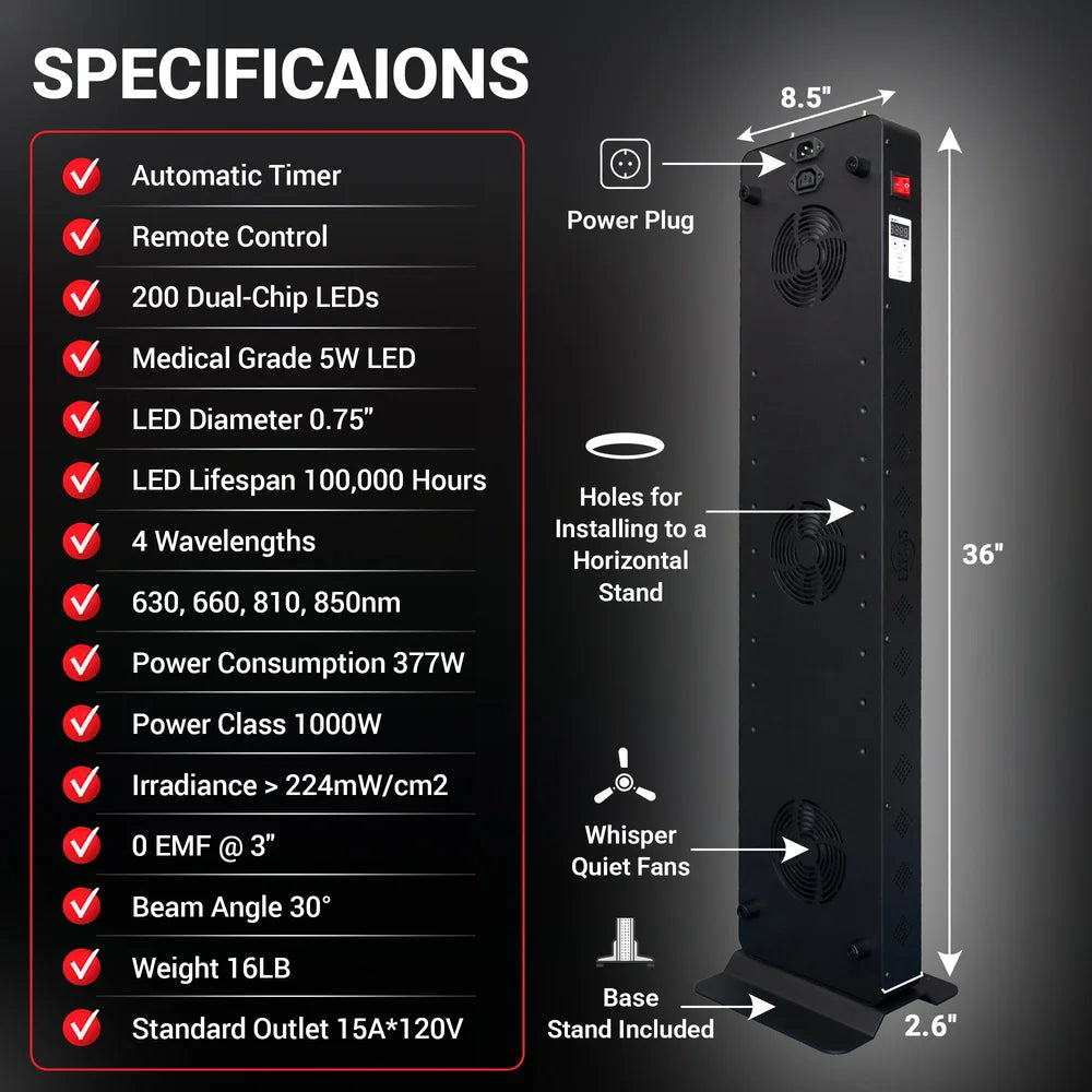 Specification checklist and labeled rear view with dimensions of the EXESAS 200 LED Full Body Red Light Therapy Device
