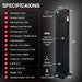 Specification checklist and labeled rear view with dimensions of the EXESAS 200 LED Full Body Red Light Therapy Device