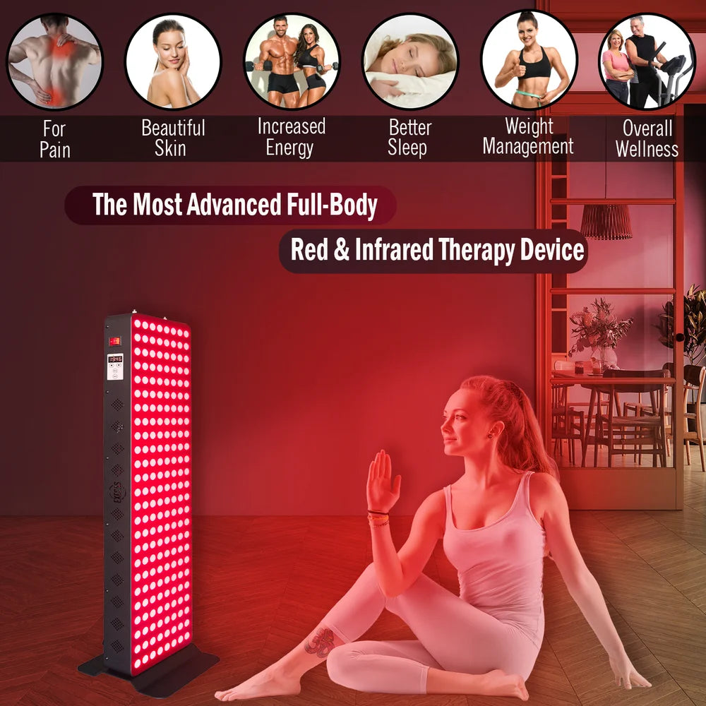 Six benefit icons above the EXESAS Dual-Chip 1000W Full Body Red Light Therapy Device glowing beside a seated woman