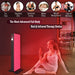 Six benefit icons above the EXESAS Dual-Chip 1000W Full Body Red Light Therapy Device glowing beside a seated woman