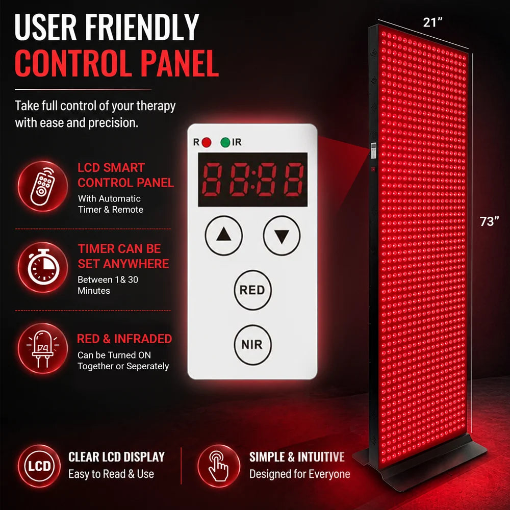 LCD timer display with RED and NIR buttons explained for the EXESAS 1008 LED 5040W Red Light Therapy Device