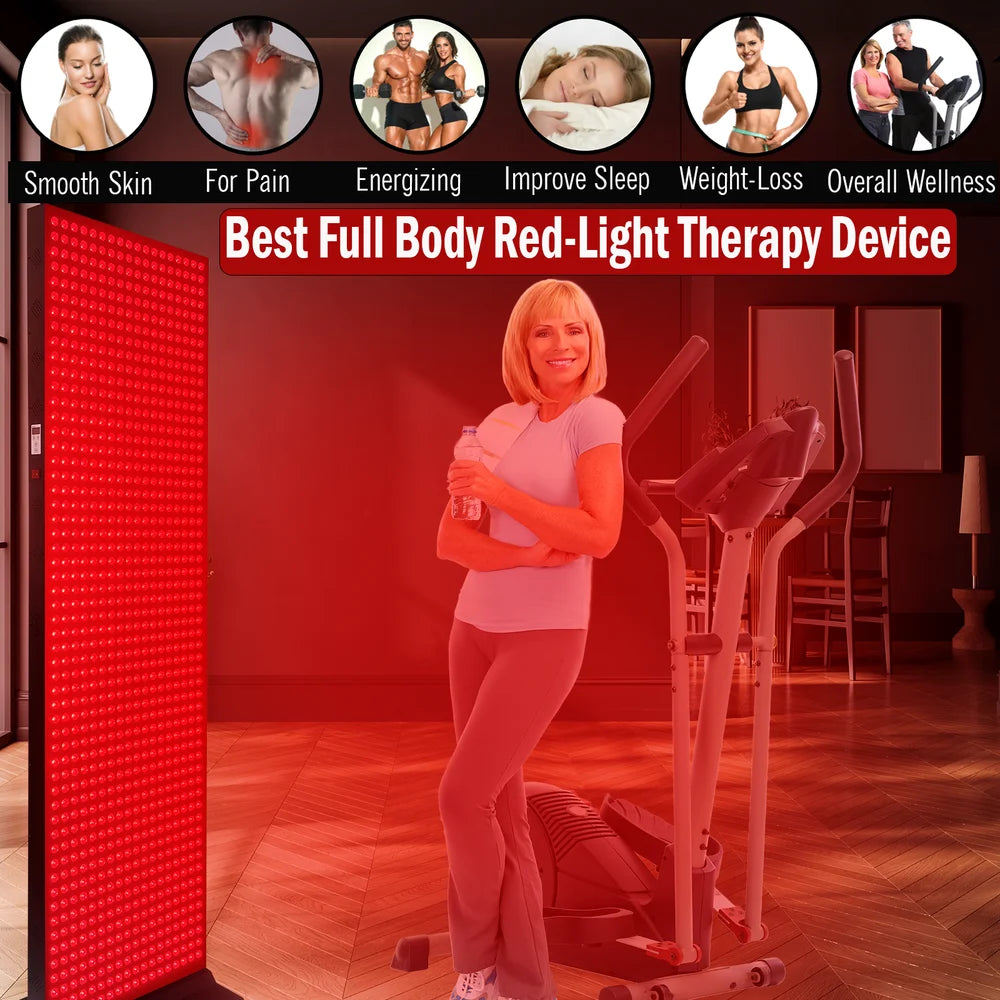Woman beside an elliptical and the EXESAS 1008 LED 5040W Full Body Red Light Panel under six wellness benefit icons