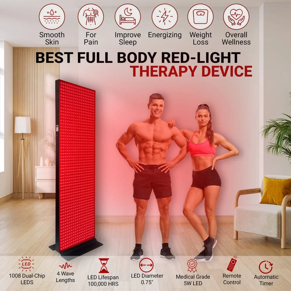 Spec badges for LEDs, wavelengths and timer shown with the EXESAS 1008 LED 5040W Full Body Red Light Panel in a living room