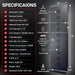 Full specification list and labeled rear view of the EXESAS 1008 LED 5040W Red Light Therapy Panel with cooling fans and controls
