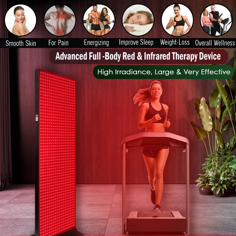 Treadmill workout beside the EXESAS 1008 LED 5040W Red Light Therapy Panel with skin, sleep and pain benefit icons