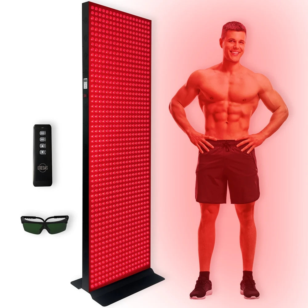 Full height EXESAS 1008 LED 5040W Red Light Therapy Panel glowing on its stand with remote and protective glasses on white