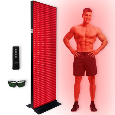Full height EXESAS 1008 LED 5040W Red Light Therapy Panel glowing on its stand with remote and protective glasses on white