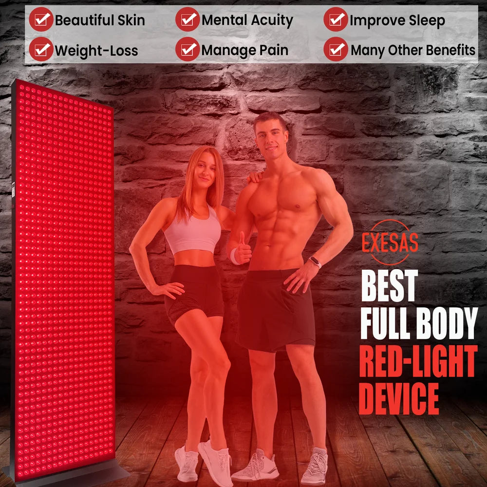 Couple beside the glowing EXESAS 1008 LED 5040W Infrared Light Therapy Panel with skin, sleep and pain checkboxes