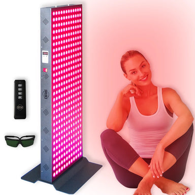 Illuminated EXESAS 1620W Full Body Red Light Therapy Device on its stand with remote control and safety glasses