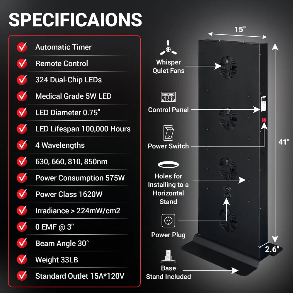 Specification list and labeled rear view with dimensions of the EXESAS Full Body Red Light Therapy Panel 1620W