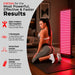 Four strengths of the EXESAS 1620W Dual-Chip Red Light Therapy Panel listed beside a woman kneeling near the lit panel
