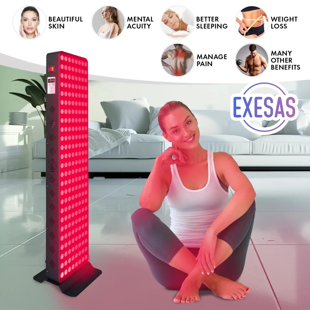 Living room session with the EXESAS Dual-Chip 1000W Full Body Red Light Therapy Device and six benefit callouts