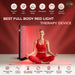 Woman meditating next to the EXESAS Dual-Chip 1000W Full Body Red Light Therapy Device with spec icons along the bottom