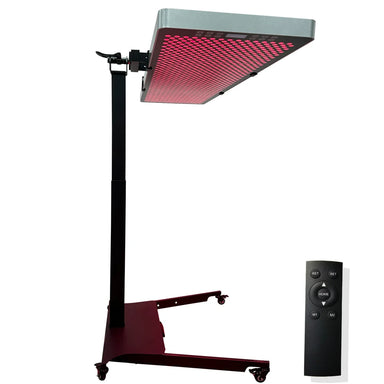 Angled studio view of the EXESAS Powered Rolling Stand for Red Light Therapy Panels holding a lit panel overhead with remote alongside