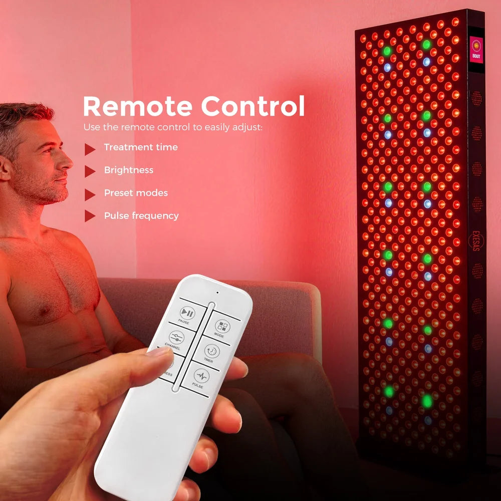 Hand holding the remote for the EXESAS ELITE 1800PRO Light Therapy Panel listing time, brightness, mode and pulse controls