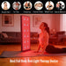 Woman stretching on a yoga mat beside the glowing EXESAS ELITE 1800PRO panel at home with six wellness benefit icons above