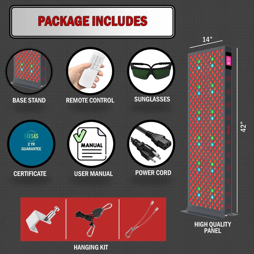 Package contents for the EXESAS ELITE 1800PRO Red Light Therapy Device including stand, remote, glasses, manual and hanging kit
