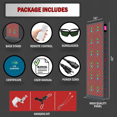 Package contents for the EXESAS ELITE 1800PRO Red Light Therapy Device including stand, remote, glasses, manual and hanging kit