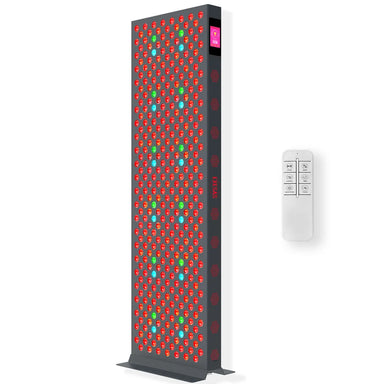 Angled studio view of the lit EXESAS ELITE 1800PRO on its base stand with LCD screen and white remote control alongside