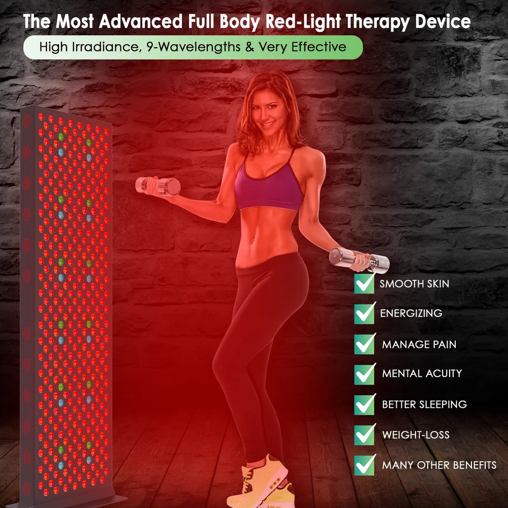 Woman lifting dumbbells beside the lit EXESAS ELITE 1800PRO with a checklist of skin, pain, sleep and weight benefits