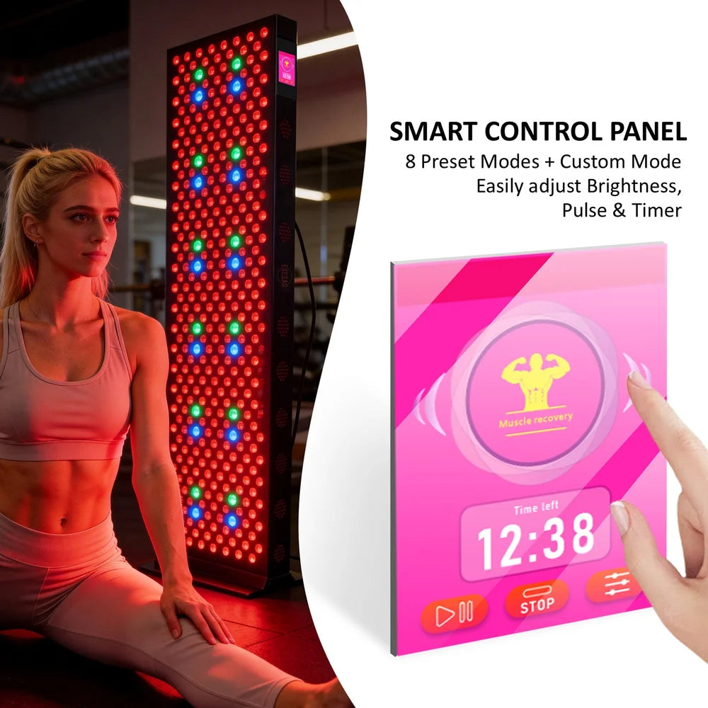 Enlarged LCD touchscreen of the EXESAS ELITE 1800PRO Light Therapy Panel showing muscle recovery mode and countdown timer