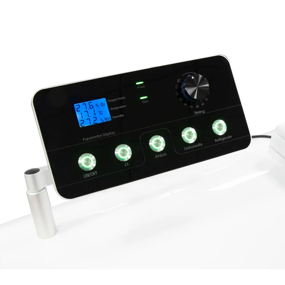 Outside control board of the OxyRevo Quest30 Hard Hyperbaric Chamber with timing dial and anion, dehumidify and refrigerate keys