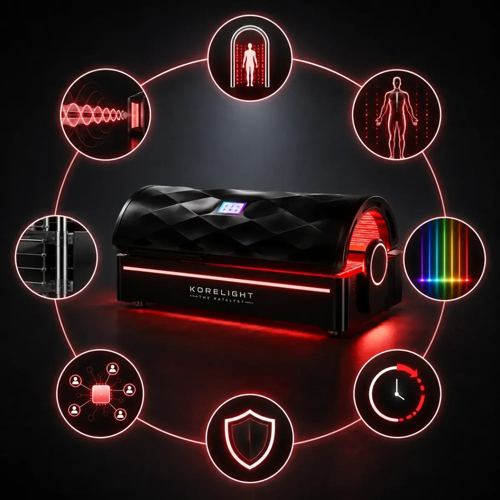 Eight glowing feature icons ringing the Kore ELITE Red Light Therapy Systems bed, from wavelengths to timer
