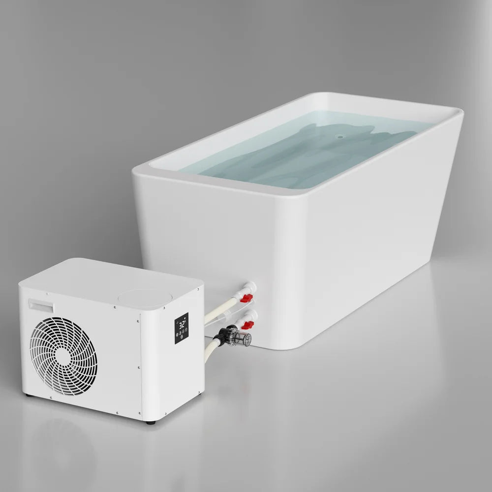 Angled studio render of the AMBOHR Cold Plunge Fiber Core Flex Tub FiberCore Flex connected to the Pro Chiller showing 32°F display