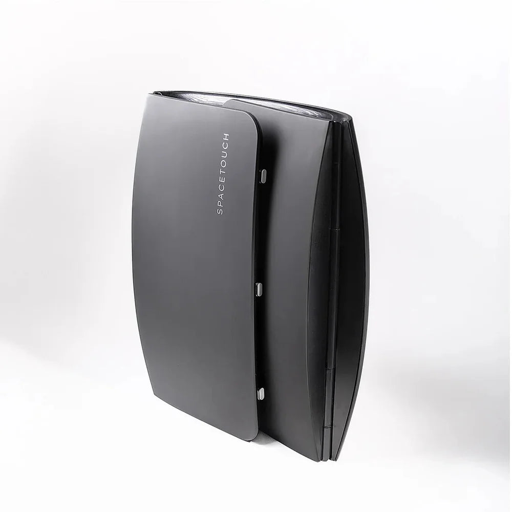 Slim collapsed profile of the folded Galaxy Zero Atlas Light Therapy Pod standing upright for storage