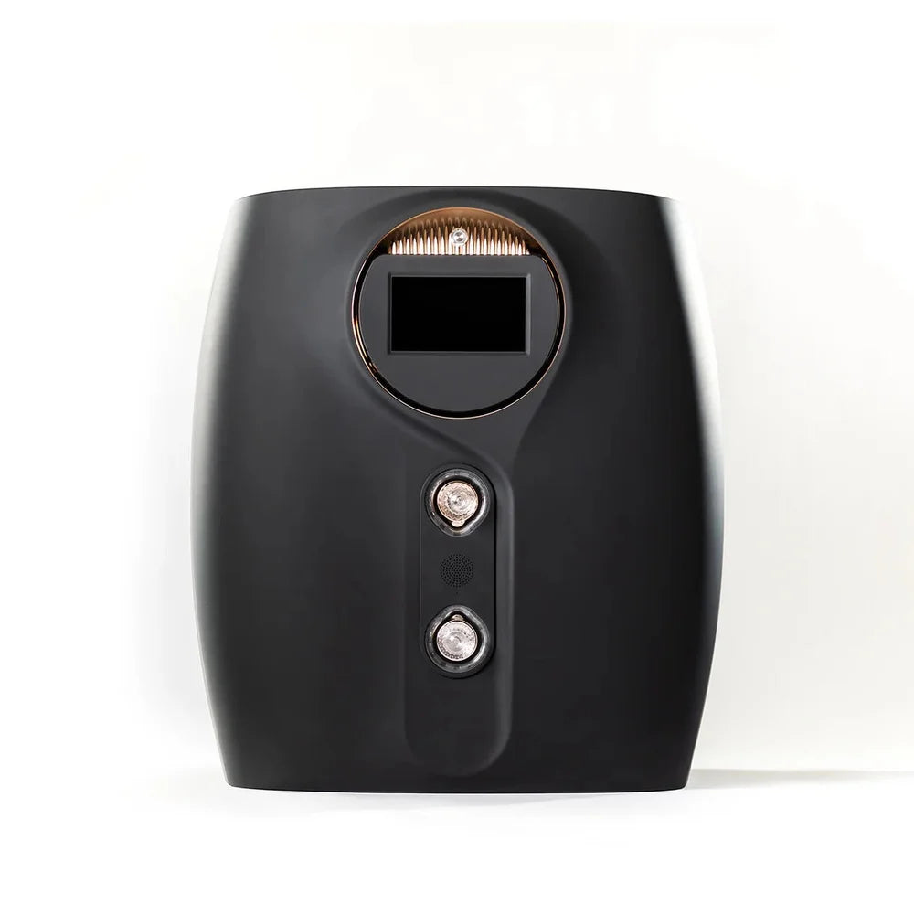 Folded black unit seen head-on with touchscreen, speaker and mist nozzles, the Galaxy Zero Atlas Full Body LED Therapy device