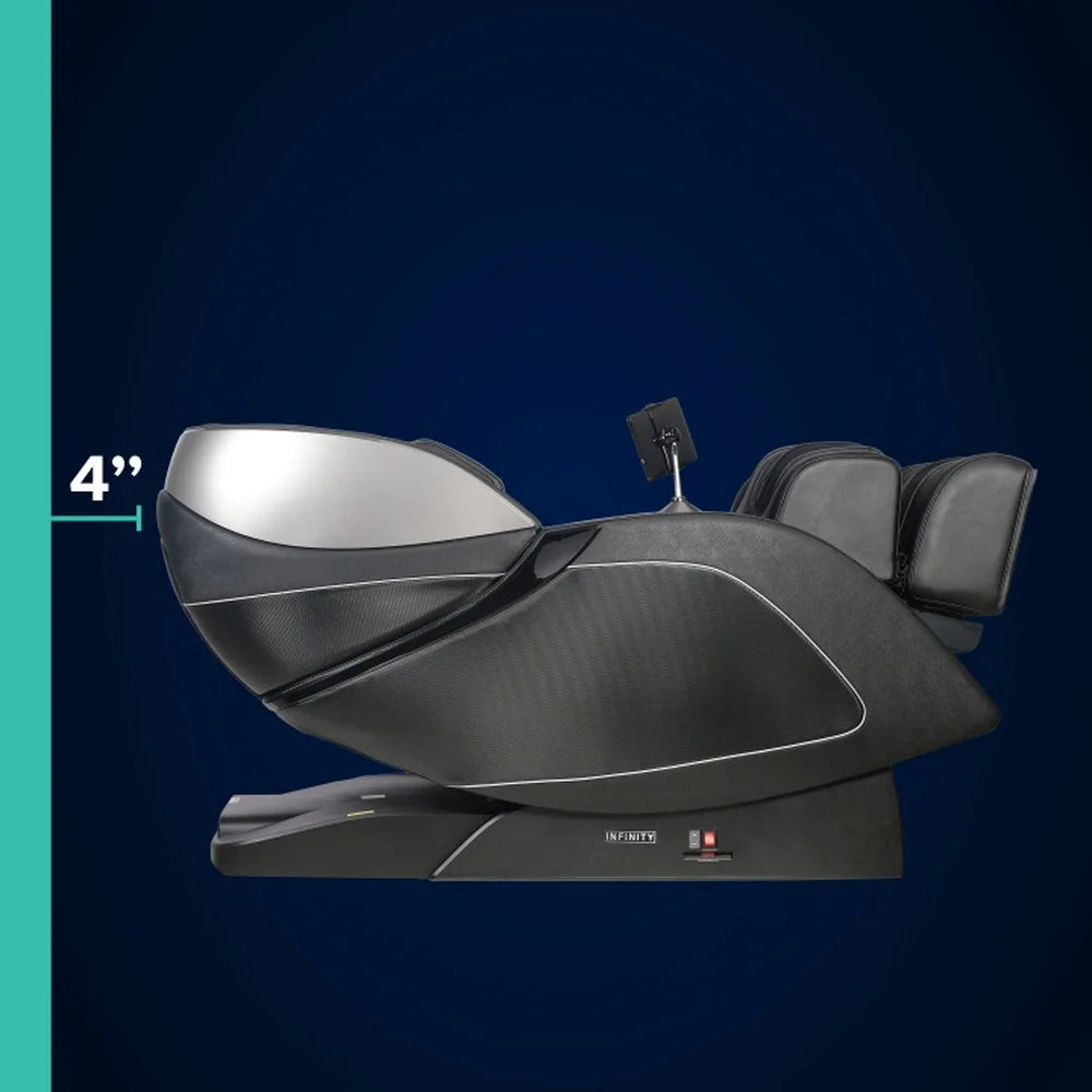 Reclined Infinity Palisade Pro 4D Massage Chair with a 4 inch measurement marking clearance from the wall