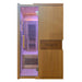 Pink lit interior behind the glass door on the front of the Blisspod Milano 2 Person Sauna cabin