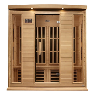 Straight-on front view of the Maxxus MX-K406-01 Low EMF Sauna in hemlock with glass door, side windows and roof lighting
