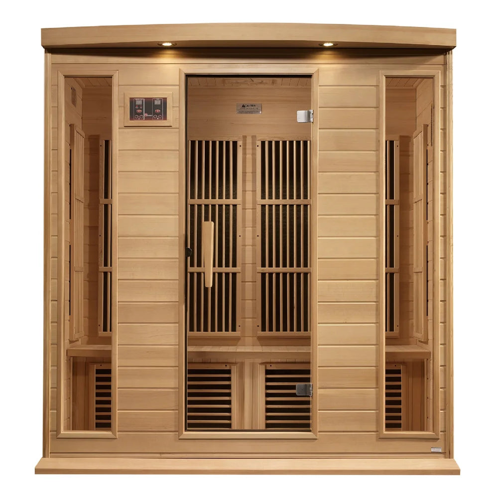 Straight-on hemlock cabin with tempered glass door and side windows of the Maxxus MX-K406-01-ZF Far Infrared Sauna