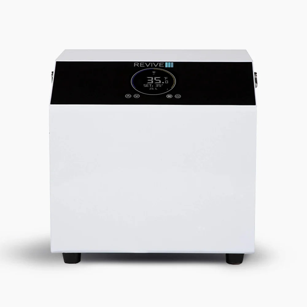 White cabinet and digital screen reading 35°F on the front of the Revive Plunge Core .8hp Chiller