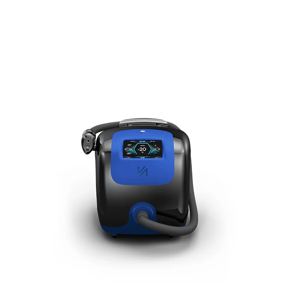 Straight-on front shot of the Vacu Activ Cryo Flow Mini Cooling Device with applicator arm and coiled hose