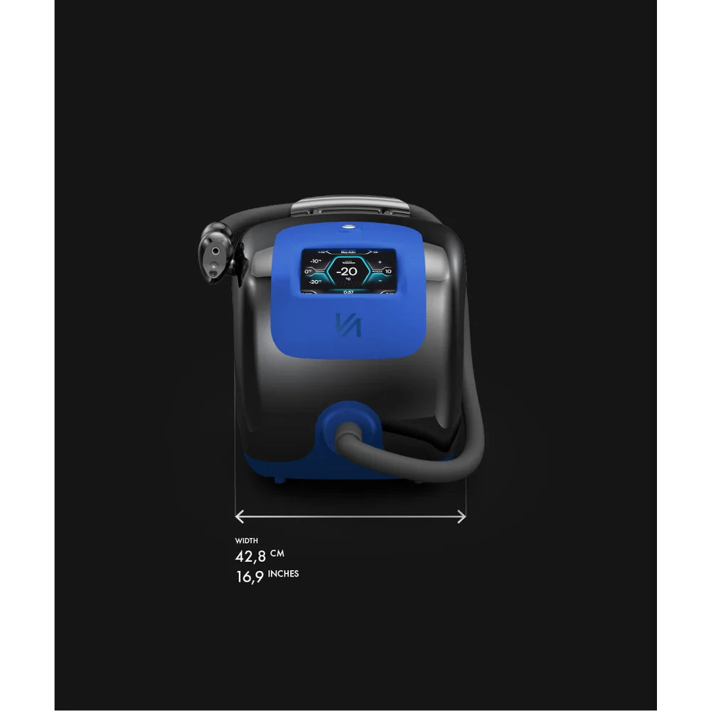 Measured front drawing of the Vacu Activ Cryo Flow Mini Cryo Machine labelled 42,8 cm wide, 16,9 inches