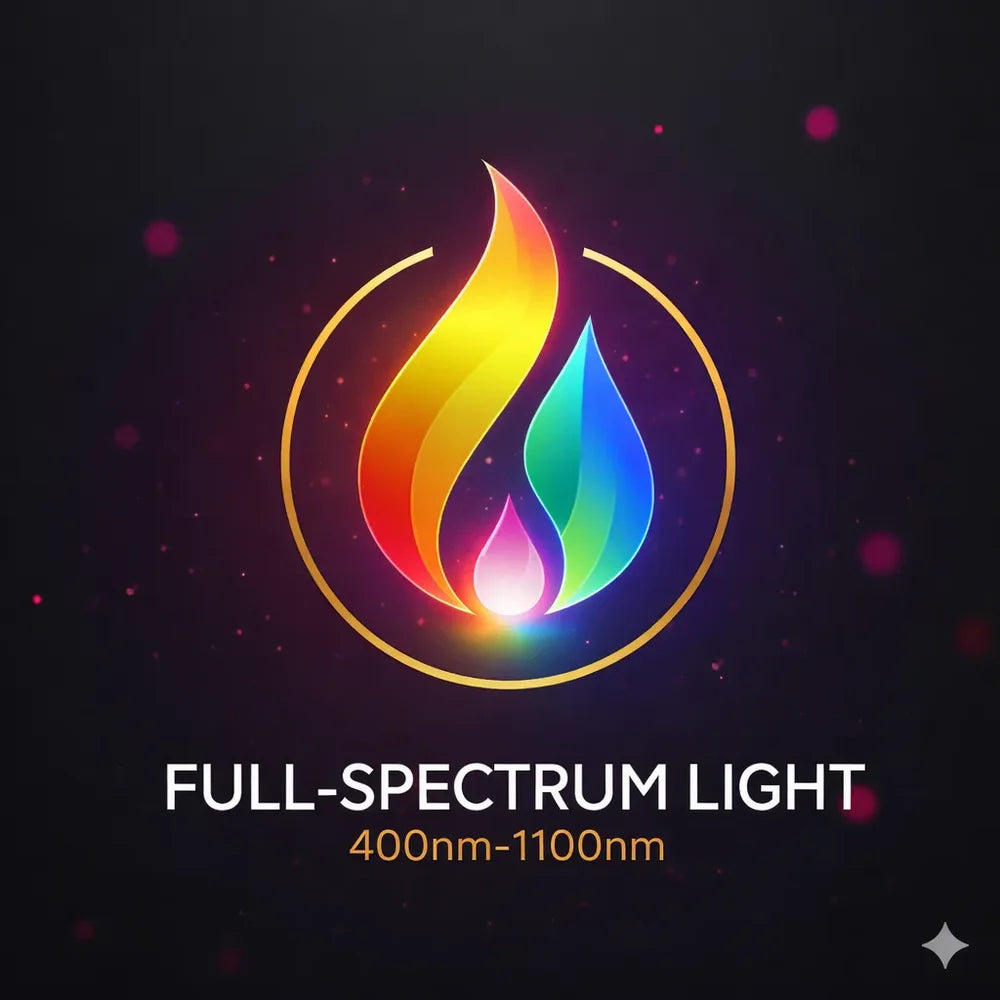 Rainbow gradient flame badge showing the 400nm to 1100nm full-spectrum range of the Nextgen Fit Red Light Bed